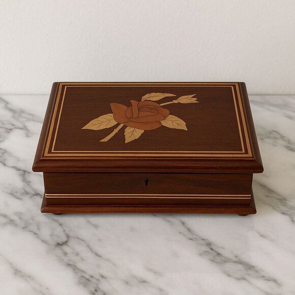 Vintage Wooden Jewelry Box With Faux Inlay Rose Design & Lock Keyhole Rectangula - Picture 1 of 9